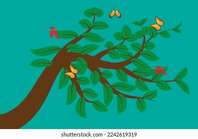 Abstract art illustration of bonsai tree on isolated green background.