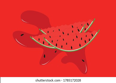Abstract art illustration for design. Ripe healthy slices of watermelon in a puddle of juice on a red background