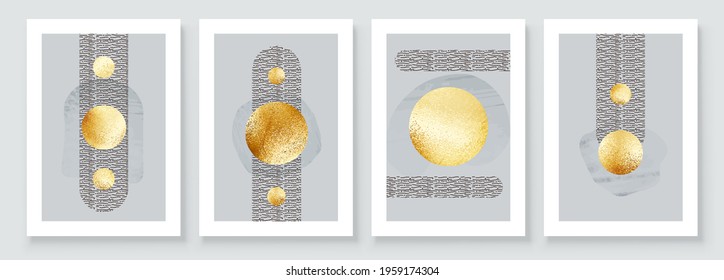 Abstract Art Illustration with Golden Circles. Set of aesthetic gold painting wall art for house decoration. Minimalistic canvas background design. Vector wall art shapes in boho style.