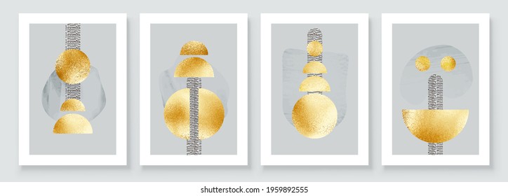 Abstract Art Illustration With Golden Circles. Set Of Aesthetic Gold Painting Wall Art For House Decoration. Minimalistic Canvas Background Design. Vector Wall Art Shapes In Boho Style.