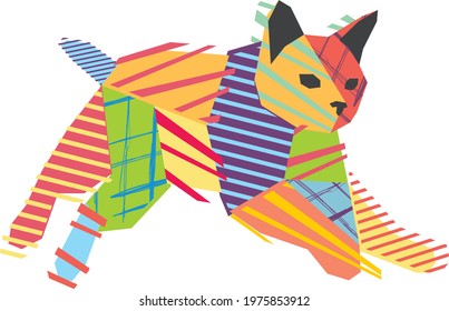 An abstract art illustration of jumping cat with some stripes pattern