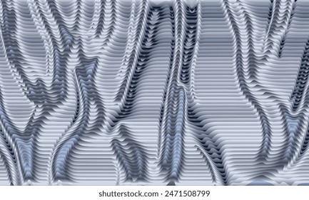 An abstract art illustration in a silver-blue hue, featuring a gradient of horizontal, wavy stripes intertwined with rigid lines.