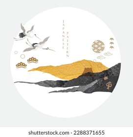 Abstract art with Japanese icon and symbol pattern vector. Mountain forest landscape design with cranre birds. Natural background