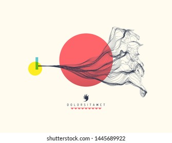 Abstract art in Japanese style. Array with dynamic emitted particles. Water splash imitation. Modern science background. Vector illustration.