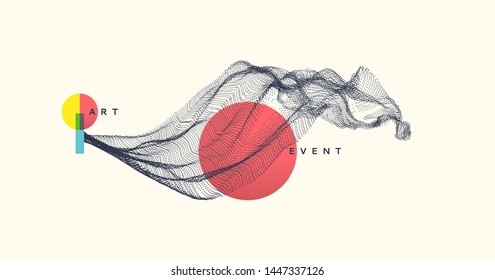 Abstract art in Japanese style. Array with dynamic emitted particles. Water splash imitation. Modern science background. Vector illustration.