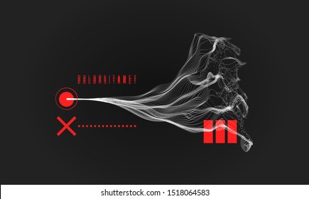Abstract art in Japanese style. Array with dynamic emitted particles. Water splash imitation. Modern science background. Vector illustration.