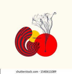 Abstract art in Japanese style. Array with dynamic emitted particles. Water splash imitation. Modern science background. Vector illustration.