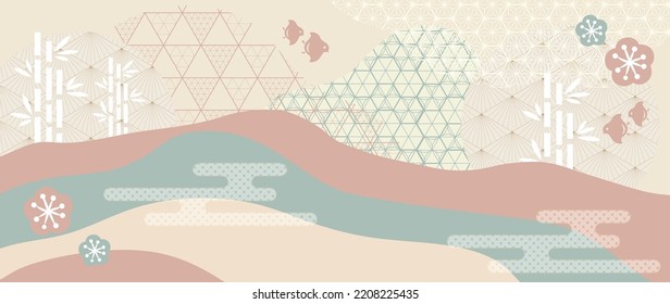 Abstract art with Japanese wave pattern vector banner. Nature art background with bamboo and cherry blossom invitation card template in vintage style. Asian traditional icon and geometric design