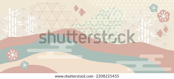 Abstract art with Japanese wave pattern vector\
banner. Nature art background with bamboo and cherry blossom\
invitation card template in vintage style. Asian traditional icon\
and geometric design