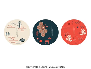 Abstract art landscape with Asian traditional background element. Bamboo tree , bird, leave, cloud and bonsai decoration with hand drawn line wave and Japanese cloud in vintage style. Logo and icon