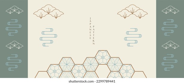 Abstract art landscape with Asian traditional background elements. Bonsai, wave icon and geometric pattern decorations with hand drawn line wave and Japanese cloud in vintage style. 