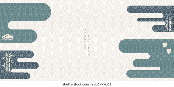 Abstract art landscape with Asian traditional background elements. Cloud, wave icon and geometric pattern decorations with hand drawn line wave and Japanese cloud backdrop in vintage style. 