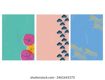 Abstract art landscape with Asian traditional background elements in risograph style. Bonsai tree, wave , floral elements decorations with hand drawn line wave and Japanese brochure in vintage style.	