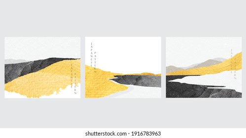 Abstract art landscape background with gold texture elements vector. Mountain forest banner with black and white decoration in vintage design.