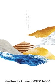 Abstract art landscape background with gold and blue texture vector. Mountain forest banner design with Japanese pattern in vintage style.