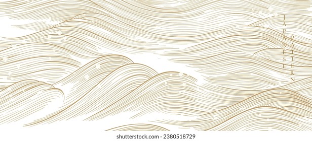 Abstract art landscape background with gold texture vector. Japanese hand drawn wave pattern with mountain banner in vintage style.