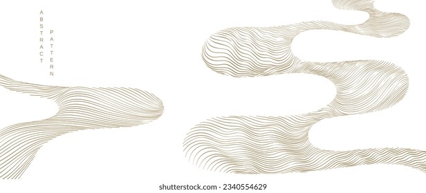 Abstract art landscape background with hand drawn  line pattern vector. Japanese oriental wave template in oriental style.