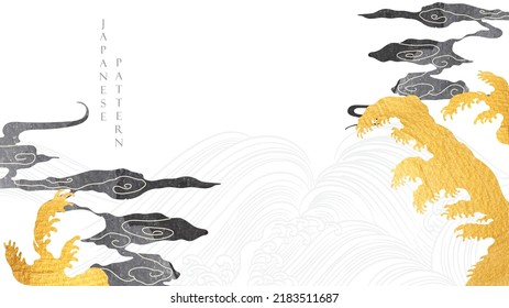 Abstract Art Landscape Background With Japanese Wave Pattern And Chinese Cloud Vector. Hand Drawn Line With Gold And Black Texture In Vintage Style.