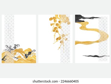 Abstract art landscape background with Japanese wave pattern and branch of flower illustration vector. Hand drawn line with gold and black texture in vintage style