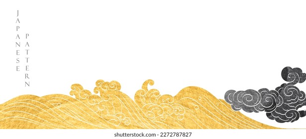 Resumen del paisaje artístico con el patrón de onda japonés y el vector de icono de nube china. Línea dibujada a mano con textura dorada y negra en estilo vintage