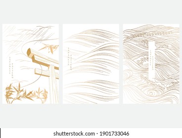 Abstract art landscape background with line pattern vector. Japanese wave template in vintage style. Gate and bamboo elements.