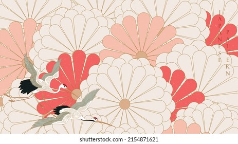 Abstract art landscape banner design with crane birds banner design decoration. Red floral Icon and symbol  element in Asia style. Flower pattern banner design in vintage style.