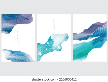 Abstract art landscape banner design with watercolor texture vector. Blue and green brush stroke texture with Japanese ocean wave pattern in vintage style. Marine concept.