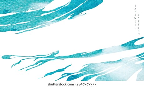 Abstract art landscape banner design with watercolor texture vector. Blue brush stroke texture with Japanese ocean wave pattern in vintage style. 