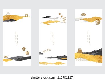 Abstract art landscape with Japanese wave pattern vector. Nature art background with Mountain forest gold texture invitation card template in vintage style. Chinese traditional icon and symbol design.