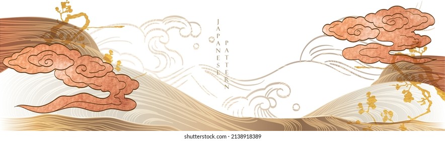 Abstract art landscape with Japanese wave pattern vector. Nature art background with hand drawn ocean sea texture banner template in vintage style. Chinese cloud traditional icon and symbol design. 