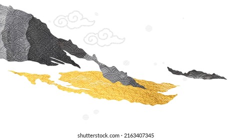 Abstract art landscape with Japanese wave pattern vector. Nature art background with Mountain forest gold texture banner template in vintage style. Chinese traditional icon and symbol design.