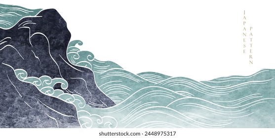 Abstract art landscape with mountain and ocean sea with hand drawn wave elements. Chinese cloud decorations with blue watercolor texture in vintage style.