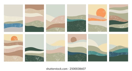 Abstract art landscape nature background set with grunge topography texture of wavy water surface, river line and sun. Sea ocean horizon natural scene retro vintage template vector illustration