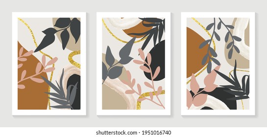 Abstract art leaf background vector. Organic abstract art style wallpaper with leaves and floral pattern, paint splatter watercolor in warm colors design for poster, cover, wall art, packaging design.