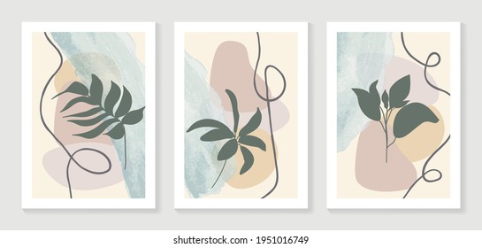 Abstract art leaf background vector. Organic abstract art style wallpaper with leaves and floral pattern, paint splatter watercolor in warm colors design for poster, cover, wall art, packaging design.