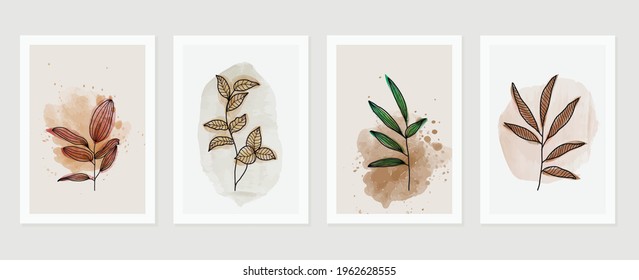 Abstract art leaf background vector. Organic abstract art style wallpaper with leaves and floral pattern, paint splatter watercolor in warm colors design for poster, cover, wall art, packaging design.