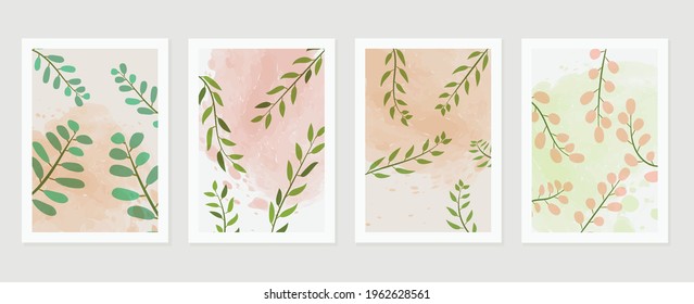Abstract art leaf background vector. Organic abstract art style wallpaper with leaves and floral pattern, paint splatter watercolor in warm colors design for poster, cover, wall art, packaging design.