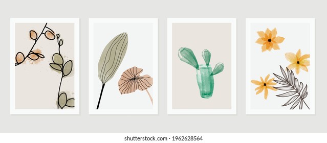 Abstract art leaf background vector. Organic abstract art style wallpaper with leaves and floral pattern, paint splatter watercolor in warm colors design for poster, cover, wall art, packaging design.