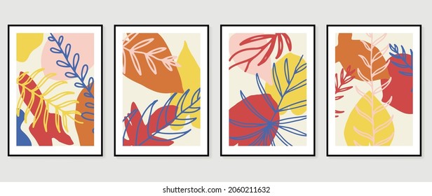 Abstract art leaf background vector. Organic abstract art style wallpaper with tropical leaves and abstract shape in warm colors design for poster, cover, wall art, packaging design.