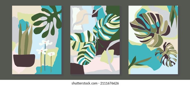 Abstract art leaf background vector. Organic abstract art style wallpaper with leaves and floral pattern, paint splatter watercolor in warm colors design for poster, cover, wall art, packaging design.