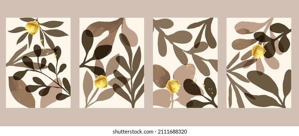 Abstract art leaf background vector. Organic abstract art style wallpaper with leaves and gold brush, paint splatter watercolor in warm colors design for poster, cover, wall art, packaging design.