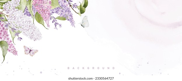 Abstract art with lilacs and butterflies on pastel watercolor stains for horizontal background. Vector backgrounds are great for headers, web covers, or wall decorations.