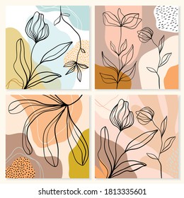 Abstract art line backgrounds, posters wall art set with flowers and plants. Contemporary modern design, doodle shapes.