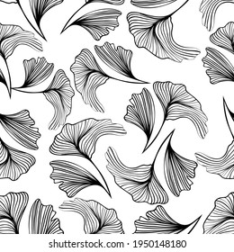 Abstract art line seamless pattern with tropical leaves. Black and white vector illustration, template for wallpaper, fabric, wrapping paper, background.