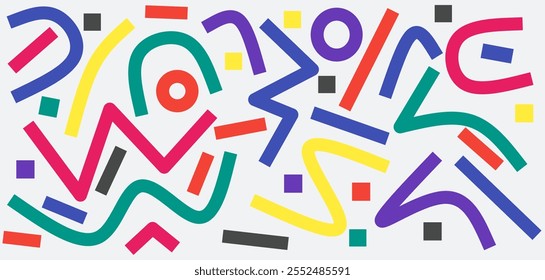 Abstract Art Lines Background. Colorful Drawing Geometric Shapes, and Circles illustration.