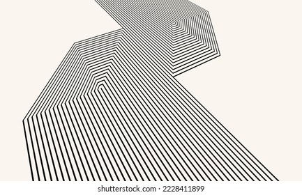 Abstract art lines background. Monochrome stripes in hexagons, perspective view.