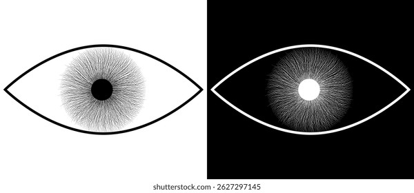 Diseño de líneas de arte Abstractas como forma de ojo como símbolo, logotipo o ícono. Forma negra sobre un fondo blanco y la misma forma blanca en el lado negro.