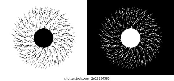 Abstract art lines design like eye shape as symbol, logo or icon. Black shape on a white background and the same white shape on the black side.