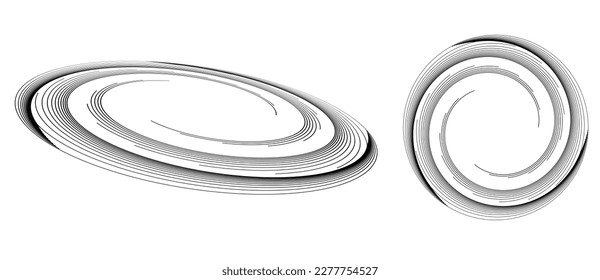 Abstract art lines geometry illustration. Circle in spiral with lines as icon, logo or design element. Normal view and distorted in perspective.