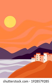 Abstract art is a minimalistic illustration a city on seashore. Landscape against the setting sun, silhouettes of mountains on horizon, bright, contrasting colors. Vector for posters, banner, print.